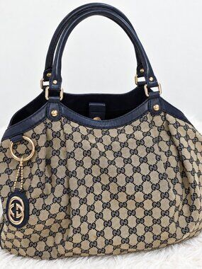 Authentic Vintage Gucci Sukey GG Canvas Navy Tote + Original Dust Bag